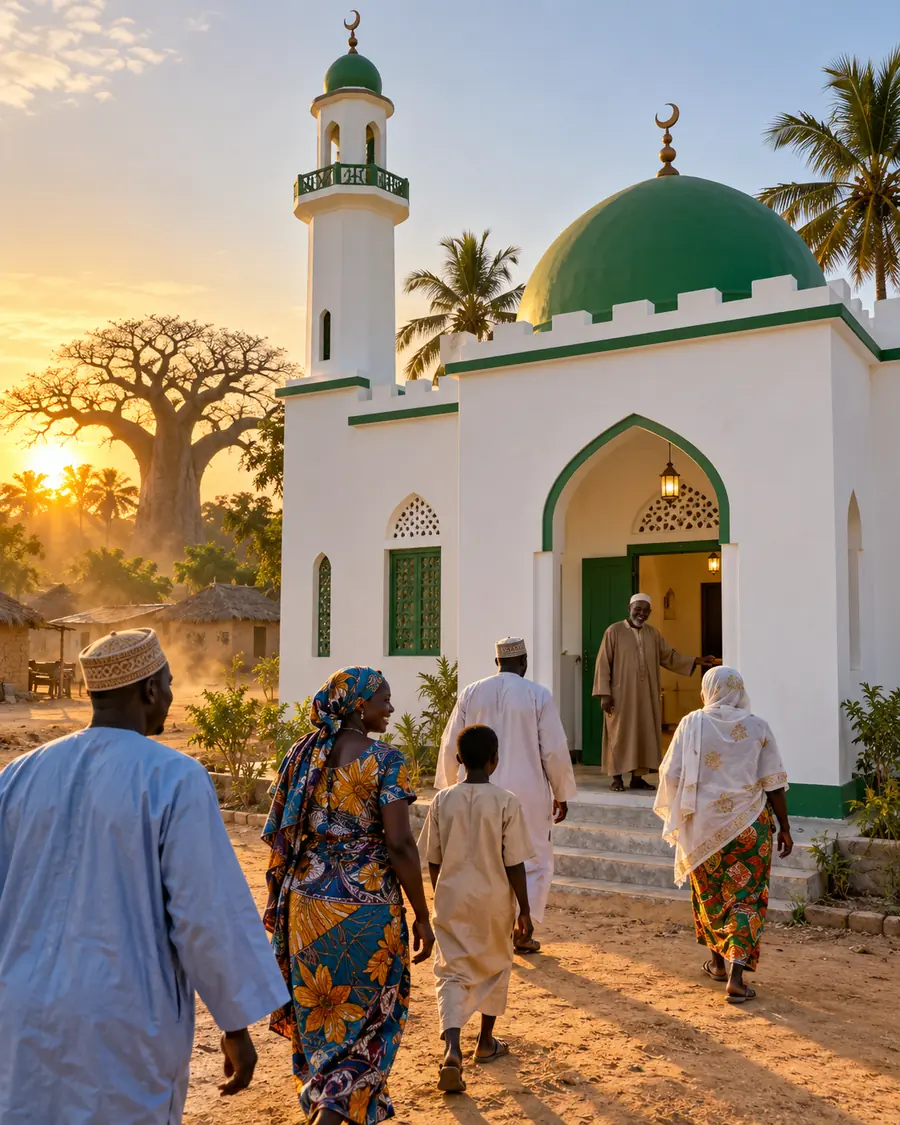 A newly completed community masjid in a West African village, with neighbours walking up to it